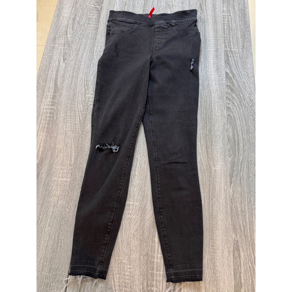 Spanx Jean-ish Leggings Womens Medium Black Distressed Raw Hem Skinny
